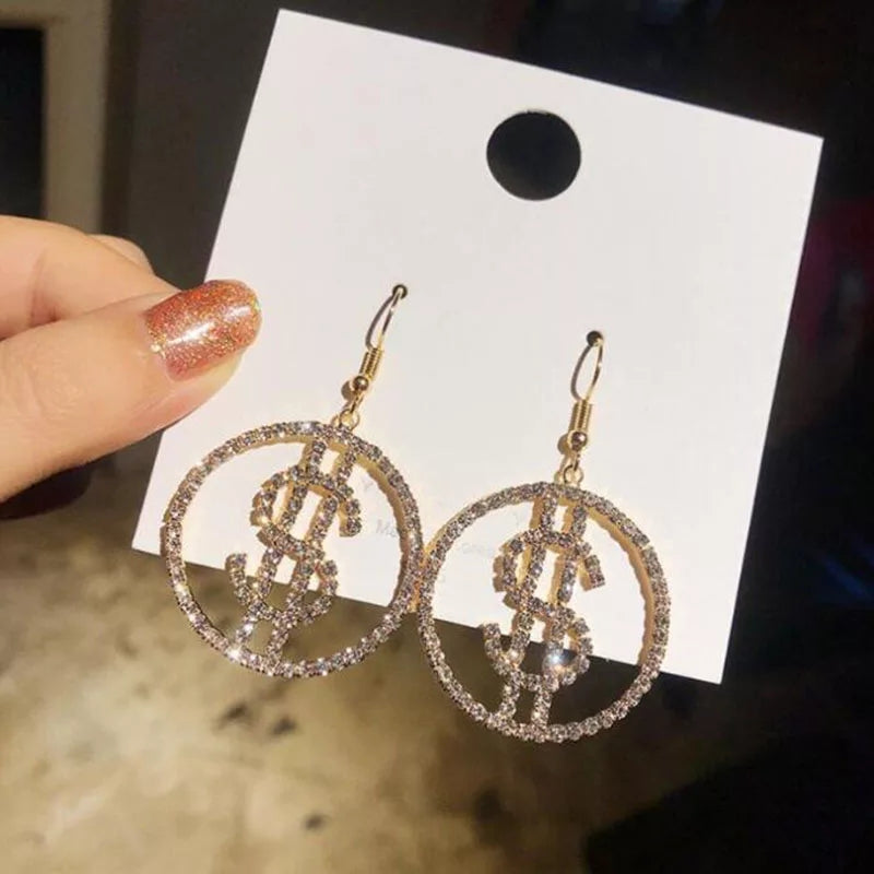 Rhinestone Dollar Sign Dangle Earrings