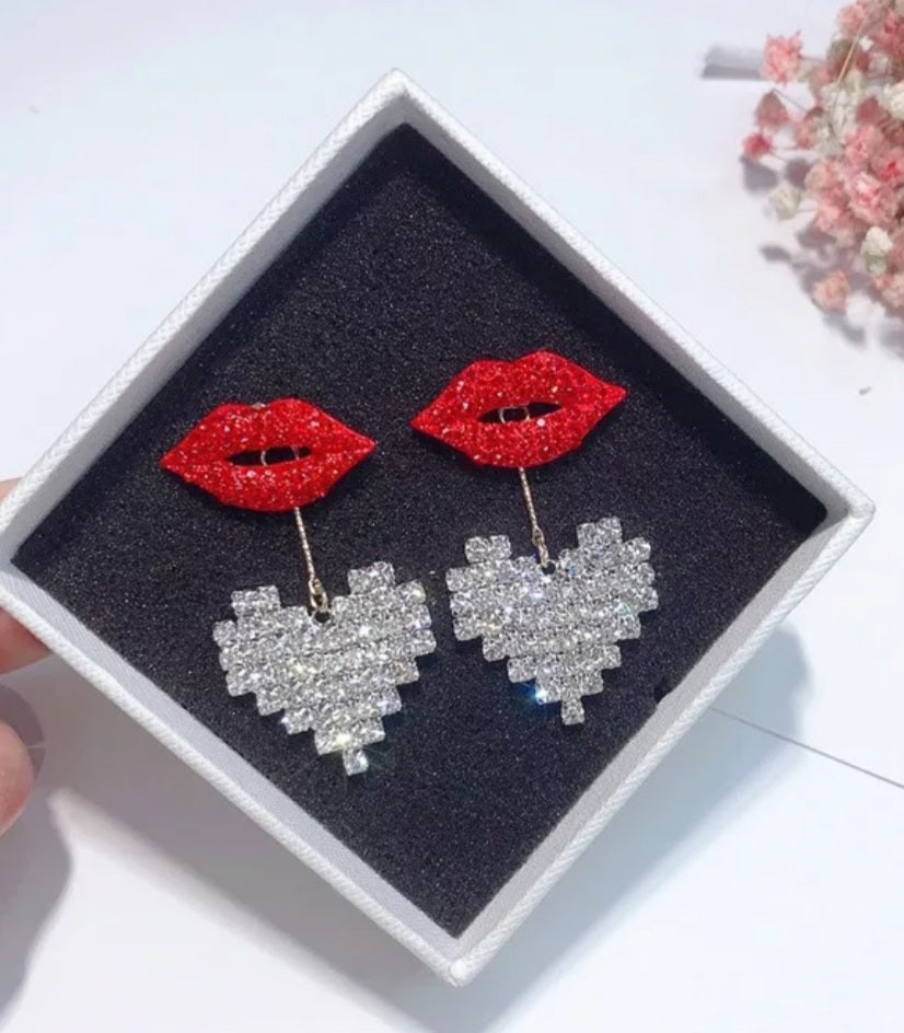 Crystal Heart & Red Lip Earrings